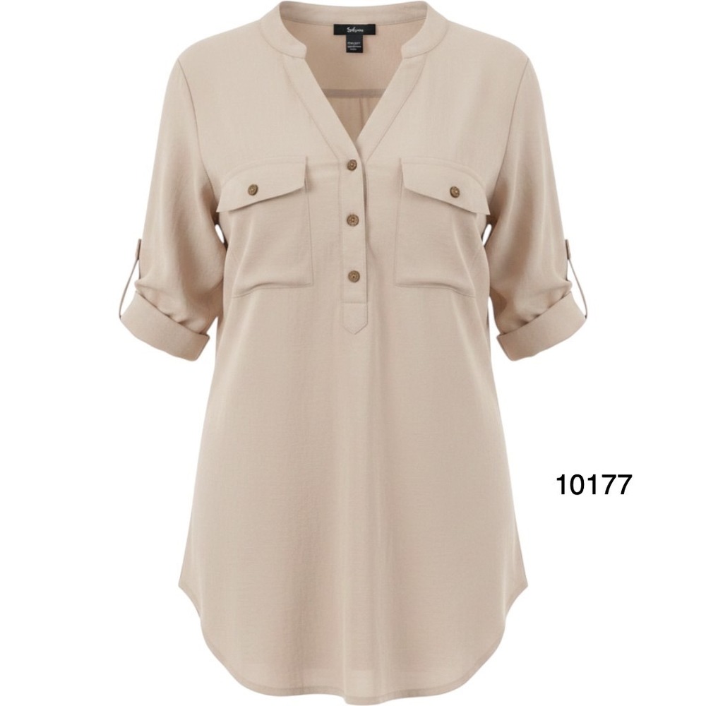 Saloni Shirt Womens Small Tan Roll Tab Sleeve Button Front V Neck Streetwear